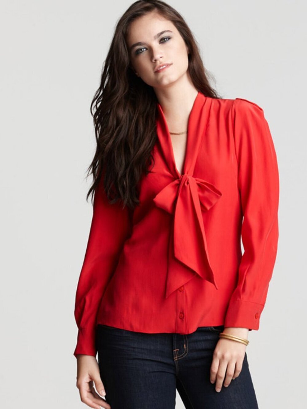 PARKER Red 100% Silk Crepe Neck Tie Button Up Blouse, Size S